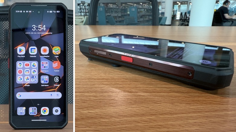 Oukitel WP300 on a table top from two angles.