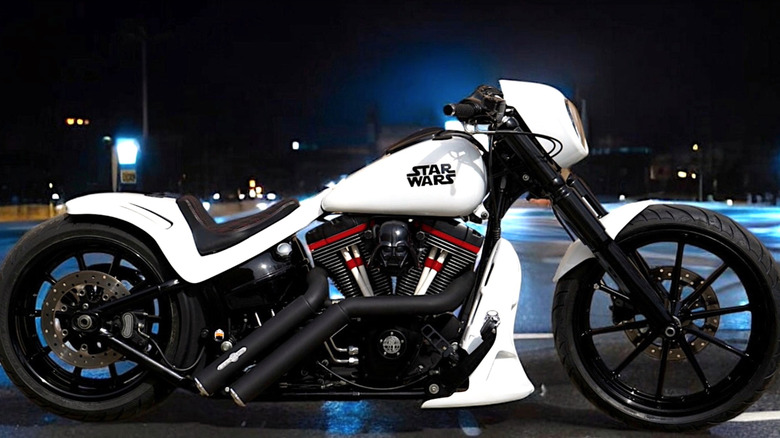 Star Wars themed Harley-Davidson parked in a parking lot at night