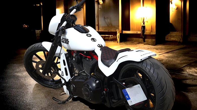 Star Wars themed Harley-Davidson parked in an alleyway