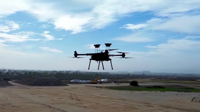 A drone hovering in the air.