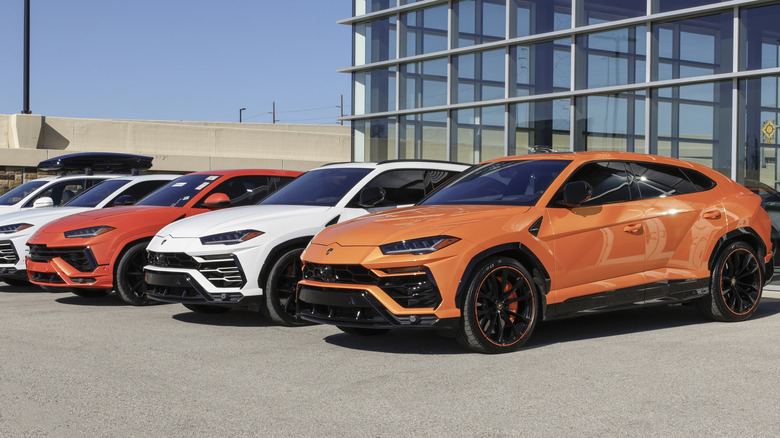 A line of 4 Lamborghini Urus SUVs parked outside a dealership