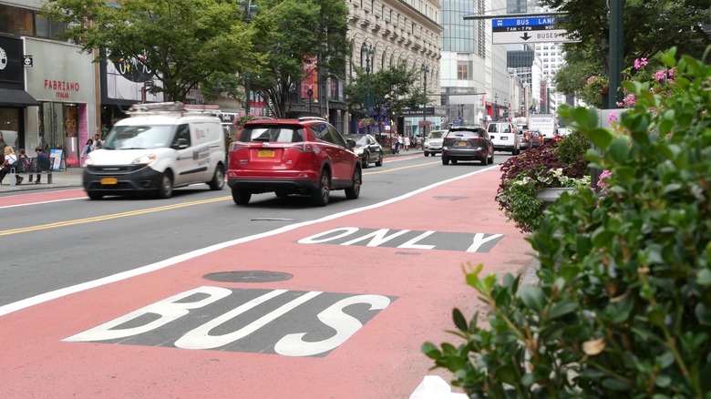 A bus lane marked Bus Only in Manhattan