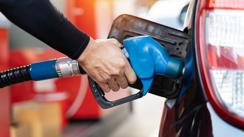 Close-up of a person's hand putting gas in a car.