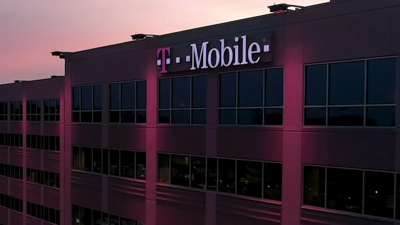 T-Mobile logo lit outside of a large building