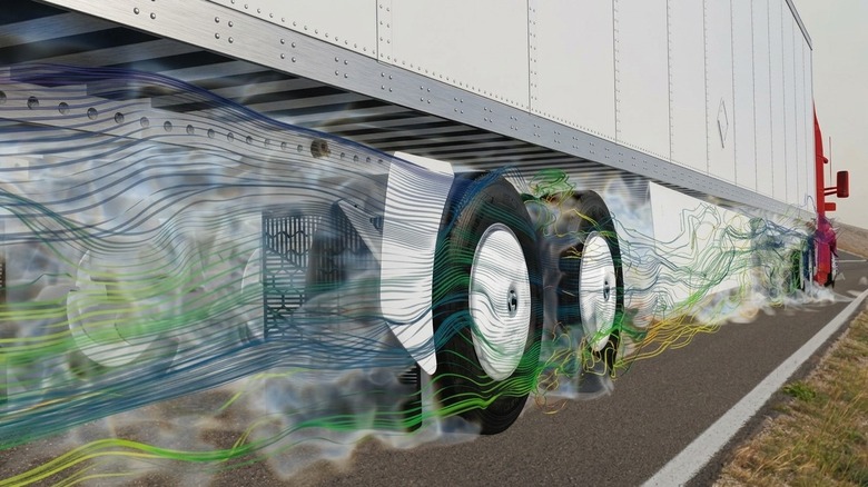 Rendering show airflow dynamics of FlowBelow AeroSlider on semi trailer.