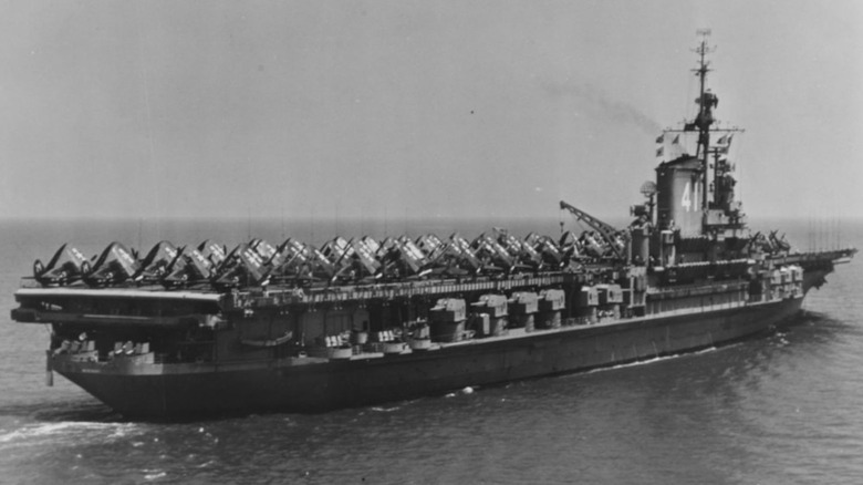 USS Midway (CVB-41) Off Norfolk, Virginia on May 12, 1947, with a deck full of SB2C "Helldiver" bombers.