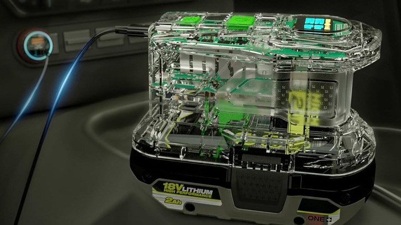 A SYMIK battery charger being used in a vehicle.