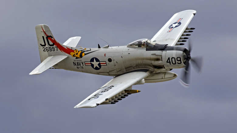 A-1 Skyraider Vietnam War era fighter airplane flying at the 2017 Planes of Fame Air Show