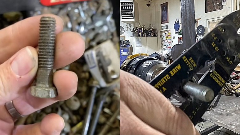 Split Image: a dirty bolt and the wire stripper method of cleaning it