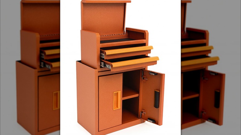 Hyper Tough Mini Tool Cabinet in Orange Crush with mini tool box stacked atop it Green