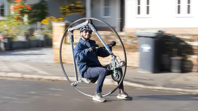 Sam Barker riding his custom-built monowheel