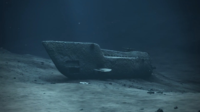 The bow of U-864 resting on the seafloor in an animation of the wreck