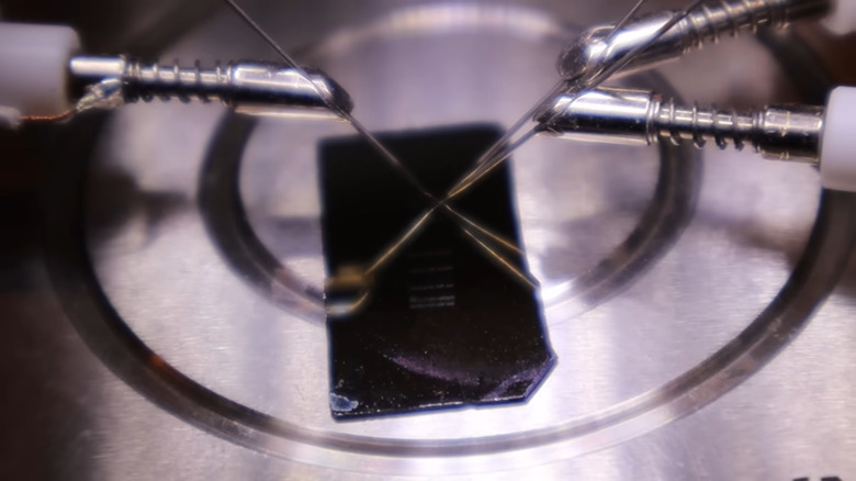 DRAM array hooked up to probes for testing
