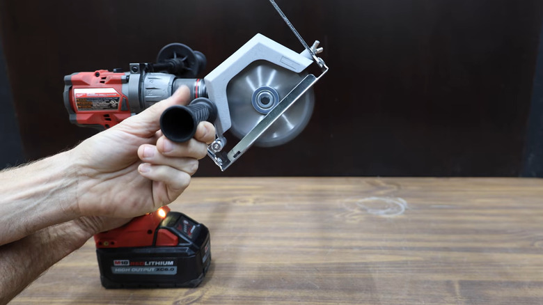 Circular saw attachment on a Milwaukee drill