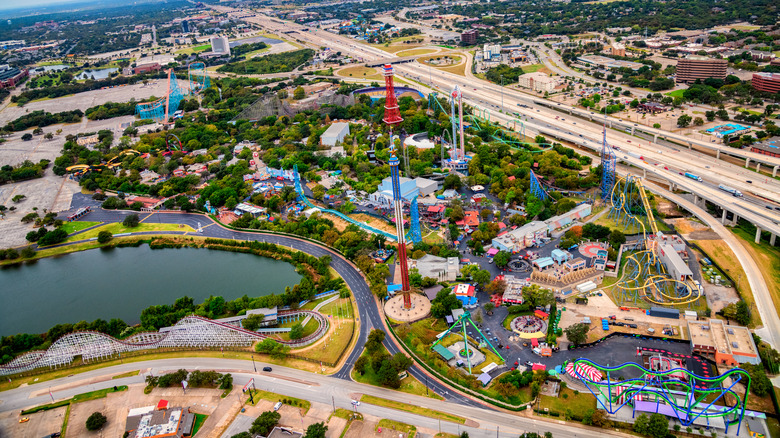 An aerial view of Six Flags Over Texas