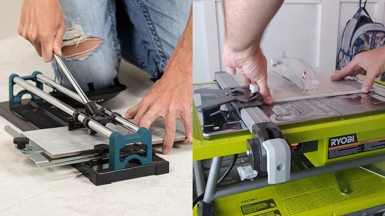 Split image with a tile cutter on one side and a wet saw on the other