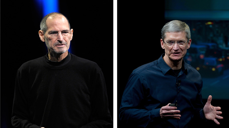 A combo photo of Cook and Jobs