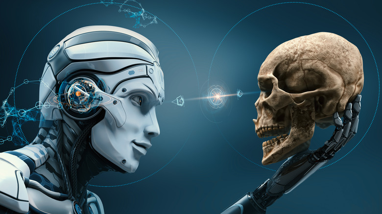 Robot holding a human skull