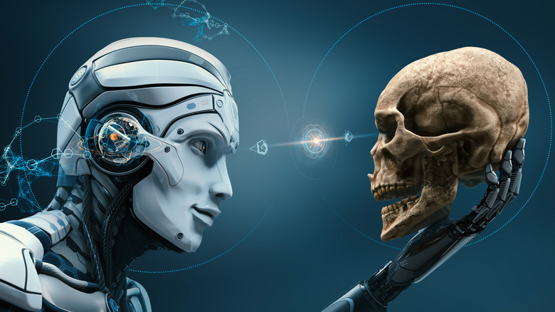 Robot holding a human skull