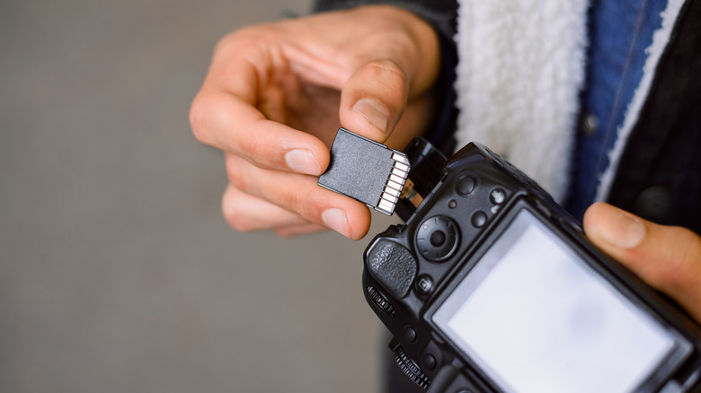 Person putting memory card in camera