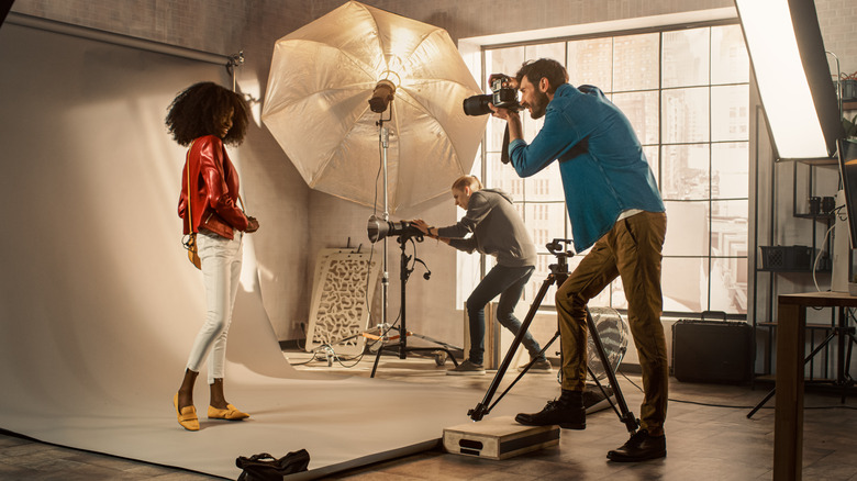Model posing in photography studio