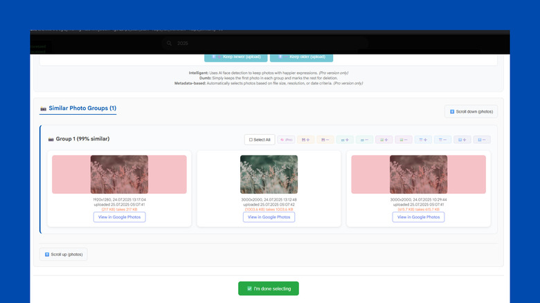 Google Photos Duplicate Remover selecting duplicates