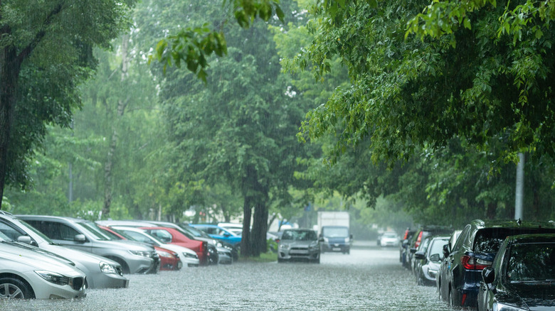 Rain pouring on a street