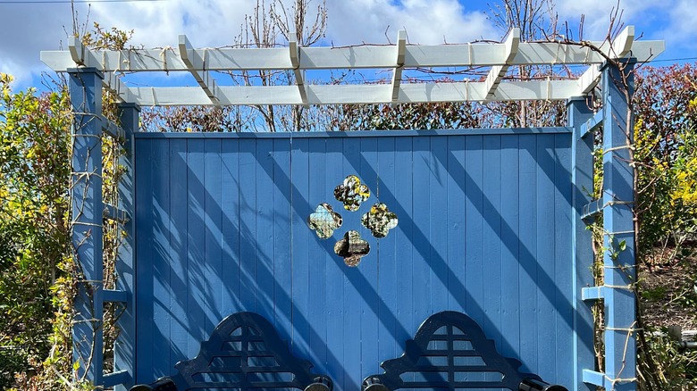 chairs under blue pergola