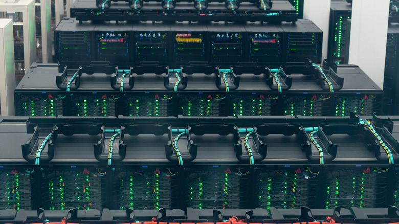Supercomputer server racks inside a data center.