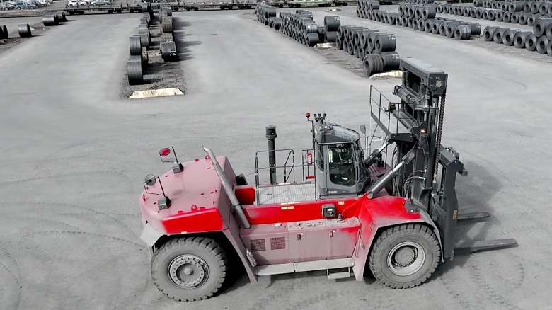 The Kalmar Super Heavy Forklift DCG620 parked in a workplace.