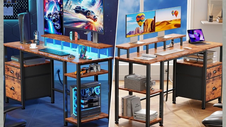 Two gaming desks right next to each other, with A Nintendo Switch, monitors, PS5, tablets, and tower plugged into the built in outlets.