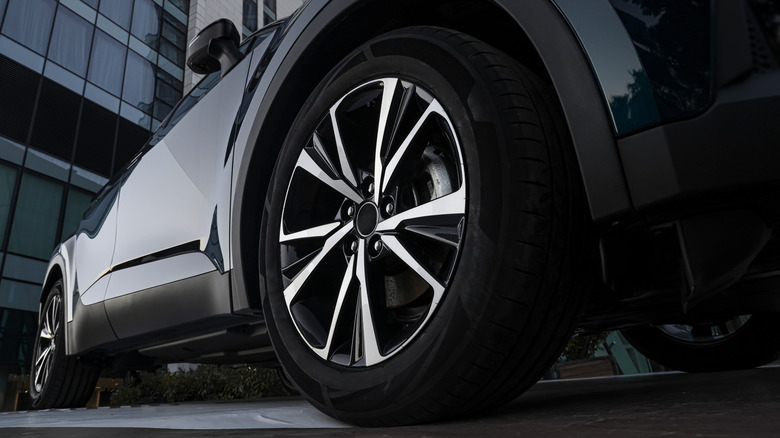 A closeup of an unidentifiable high-end car tire