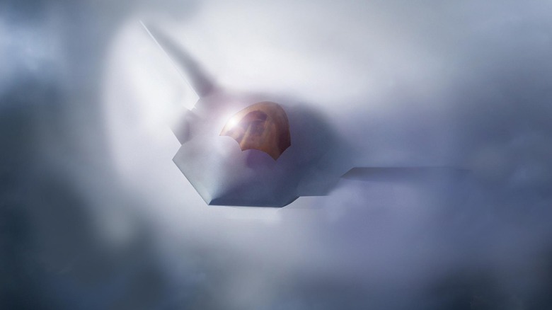 A digital rendering of the F-47 emerging from a cloud