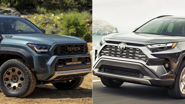 Side-by-side of Toyota 4Runner and RAV4, front 3/4 view