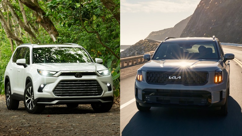 A white Toyota Grand Highlander, static shot, and a gray Kia Telluride, dynamic shot