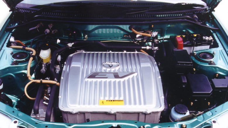 Under the hood of the Toyota RAV4 EV, showcasing parts of the powertrain
