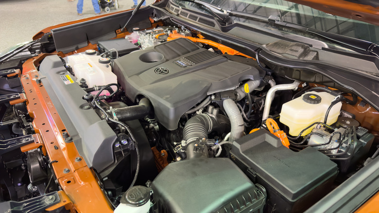 Closeup of engine of a 2023 Toyota Tundra pickup truck