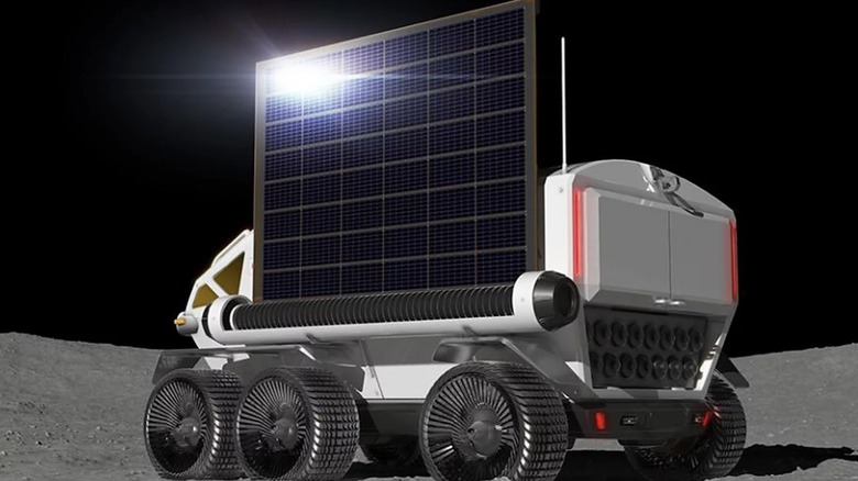 Illustration of Toyota Lunar Cruiser on the Moon with solar panel on side