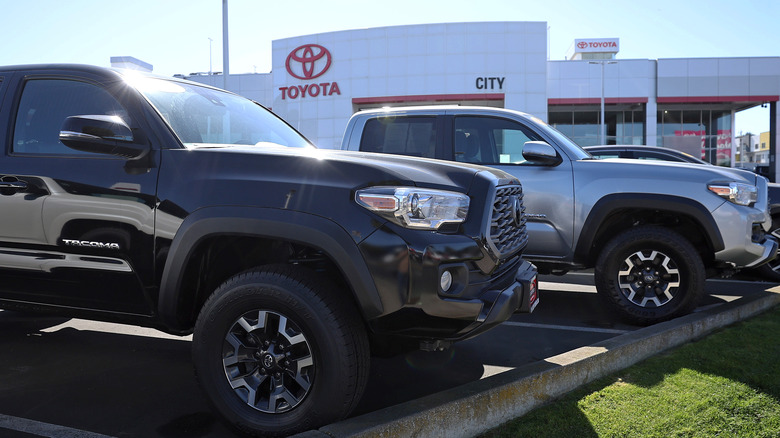 Toyota Tacomas parked at dealership