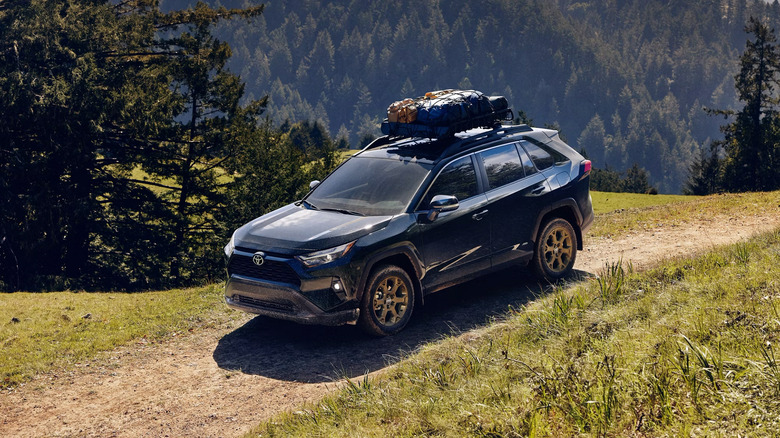 A blue 2025 Toyota RAV4 Hybrid Woodland Edition
