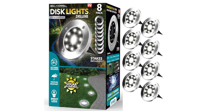The Bell & Howell 40-Lumen Solar-Powered 8-LED Disk Lights, Stainless Steel on a white background