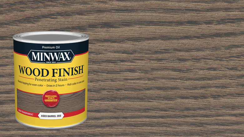 A can of Minwax Aged Barrel Wood Finish in front of its pattern