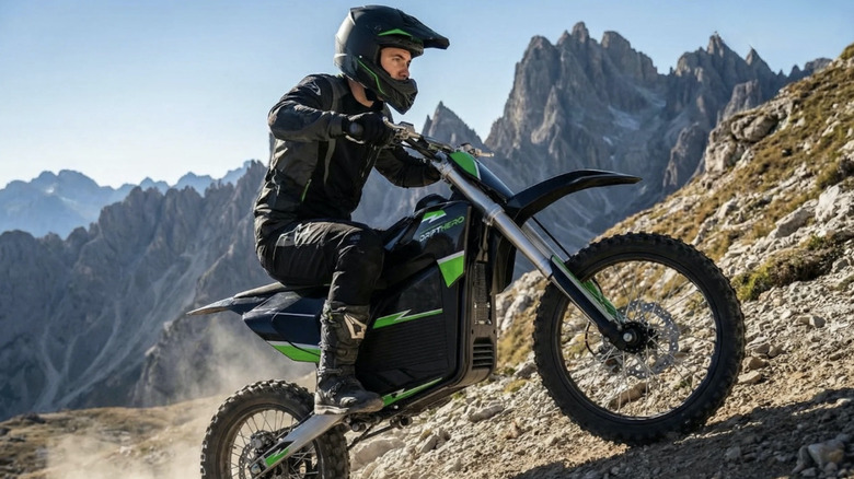 Person riding a Drift Hero dirt bike on a mountain side