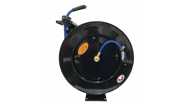 The JobSmart 75-Foot Spring-Driven Heavy Duty Auto Rewind Air Hose Reel.