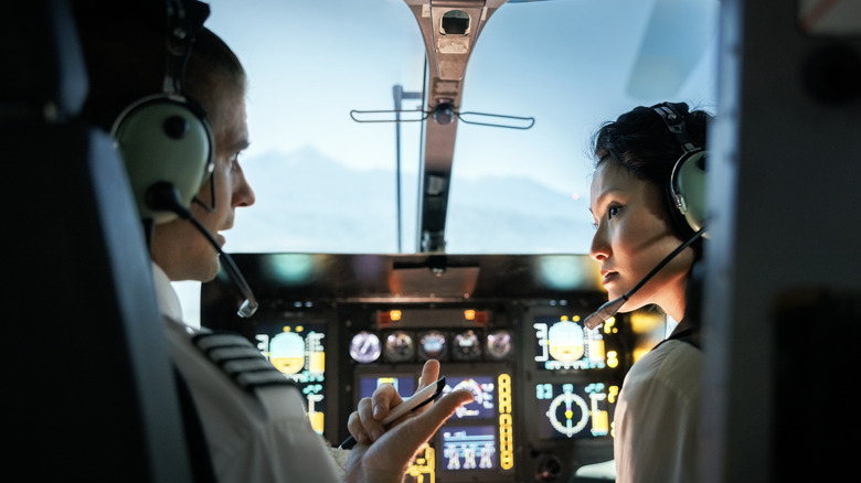 Pilots training in flight simulator