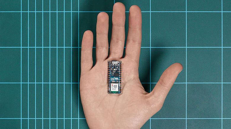 person holding an arduino board