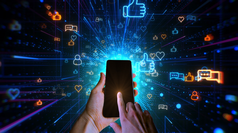An illustration of a person touching phone and seeing all his activity burst out the screen