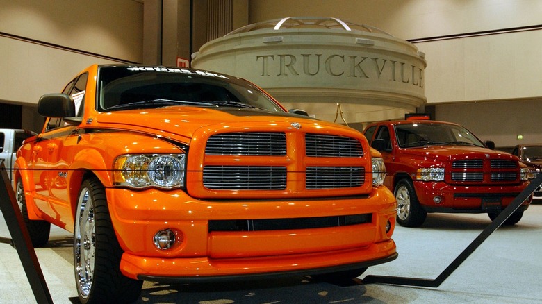 Heavy-duty Ram trucks on display