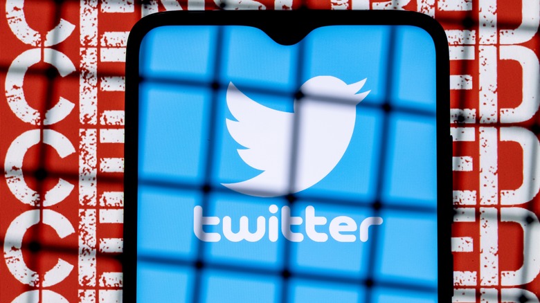 Twitter logo smartphone behind bars