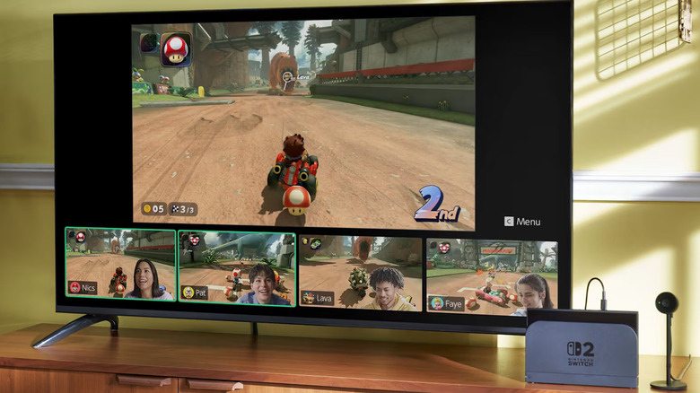 Nintendo Switch 2 docked, playing Mario Kart on a big TV